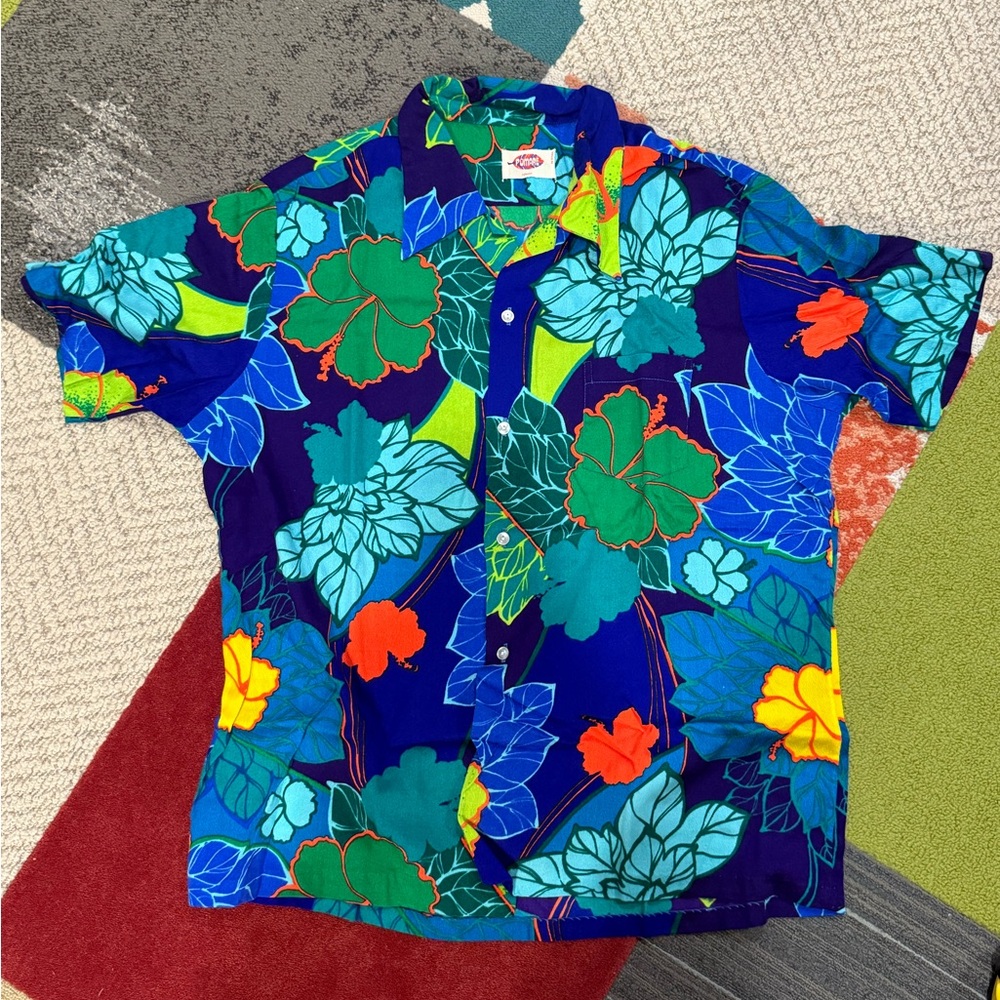 Pomare Hawaiian Barkcloth Vibrant Floral Men's Shirt Vintage